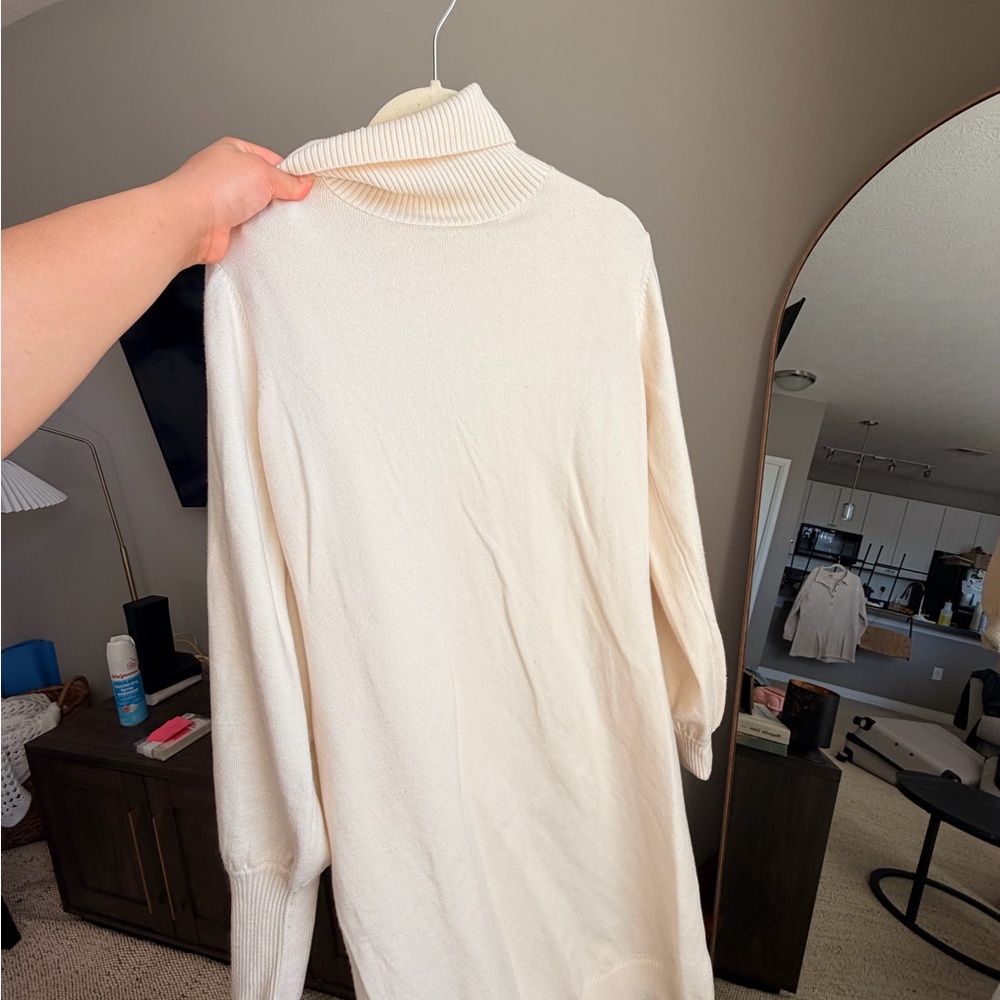 Cream Turtleneck Sweater Dress - Cozy Longline Knit